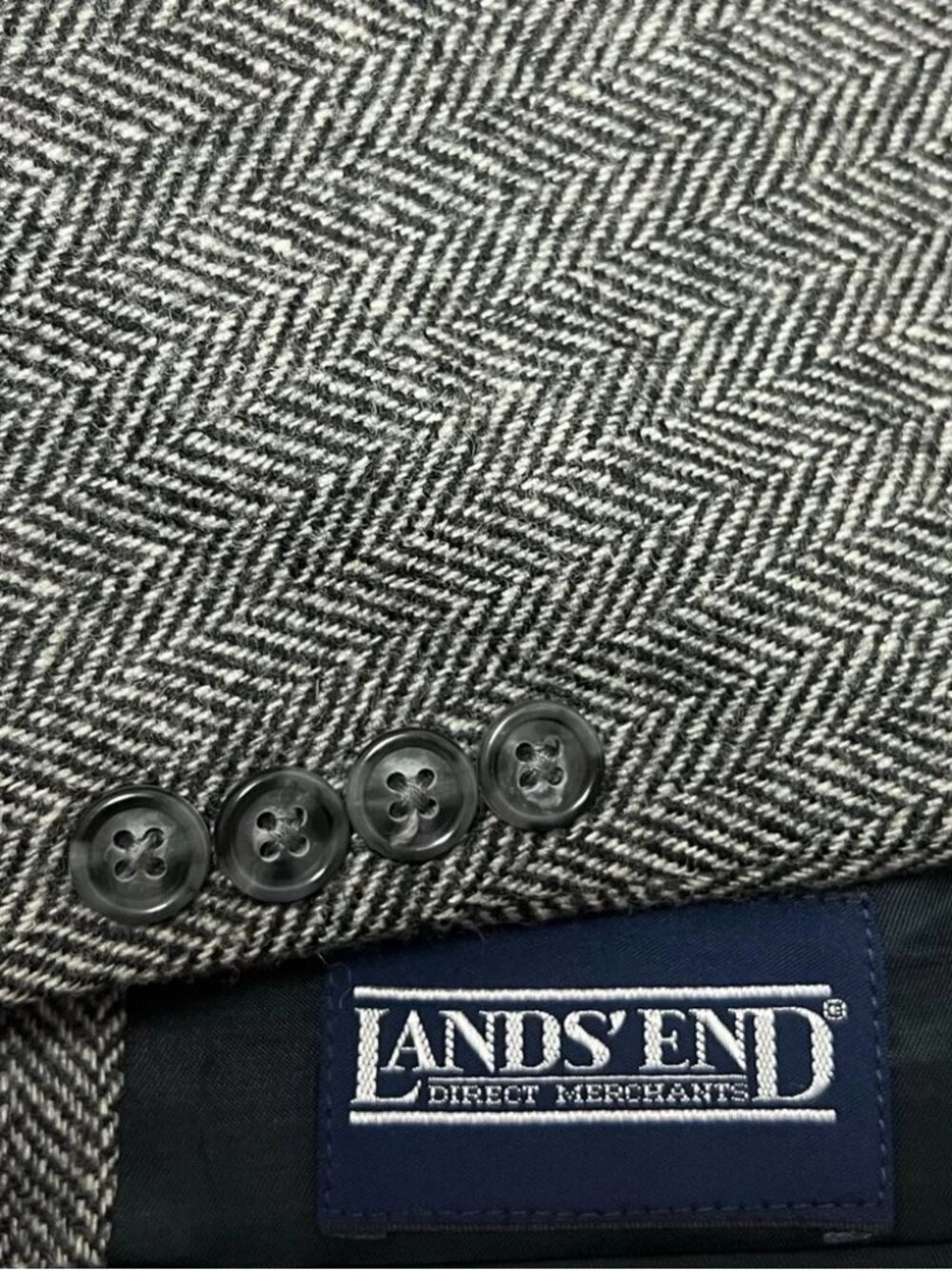 Lands' End Vintage Gray Black Herringbone Tweed Lambswool Blazer Jacket 38R